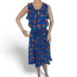 Miguelina Blue Floral Stretch Silk Belted Ruffle Midi Dress size XS